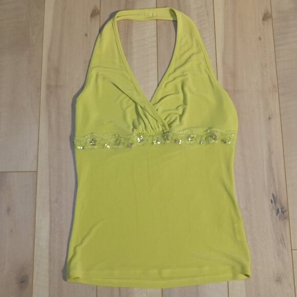 Y2K Summer Green Halter Top w/ Sparkle Flower Detailing - Size XS - Picture 1 of 5